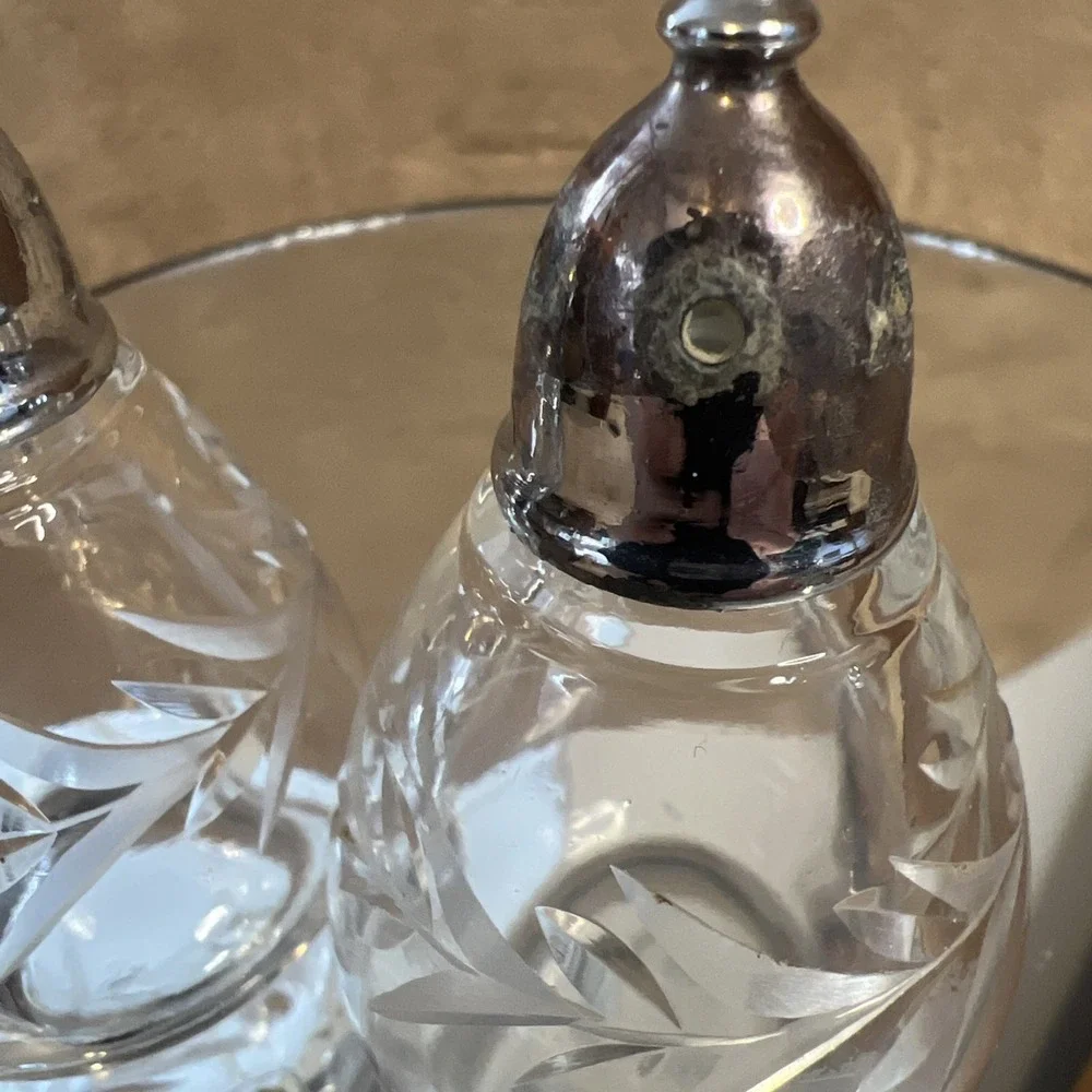 Fostoria Holly Salt & Pepper Shaker Set Vintage 1950s‎ with Chrome Tops 2.75